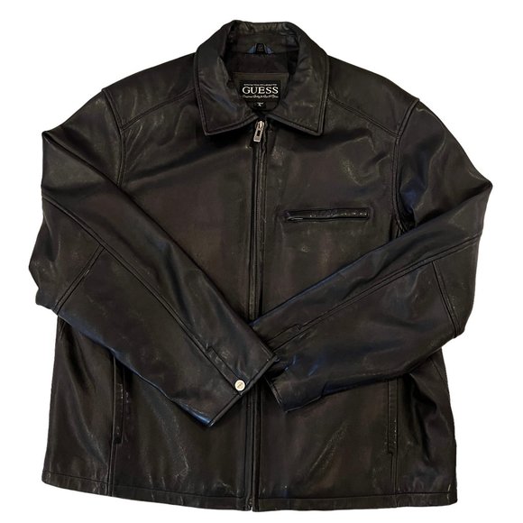 GUESS Black Leather Jacket Car Coat Size XL